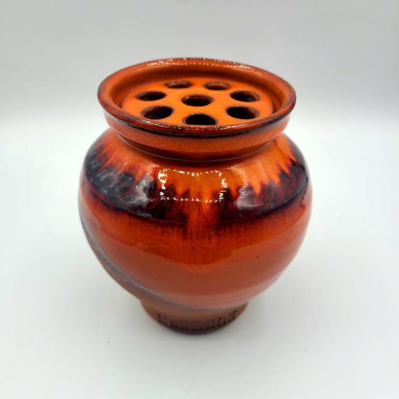 RARE Mid Century German Pottery Vase | Drip Glaze Ceramic Floral Frog | Keramik | Collectible | Home Decor