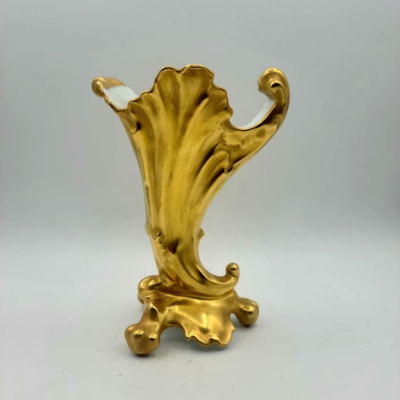 Vintage Limoges Porcelain Cornucopia Vase | Gold Plated Ceramic Bud Vase | Signed And Dated | Made In France | Collectible | Home Accents