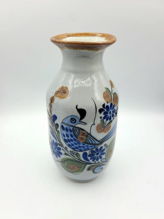 Vintage TONALA Pottery Vase With Bird And Floral Motif | Handpainted Glazed Ceramic Vase | Collectible Mexican Pottery | Home Decor
