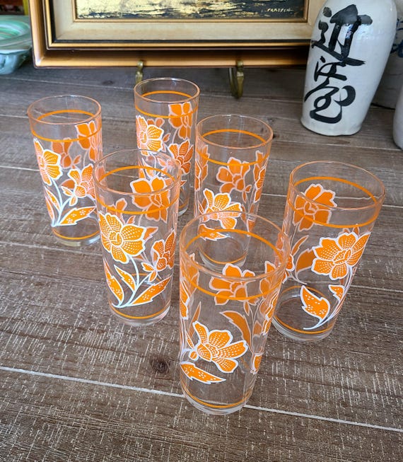 Retro 1970s Glassware | Set of 6 | REIMS France | Mandarine Floral Dot Motif | Mid Century Drinkware | Tumblers |