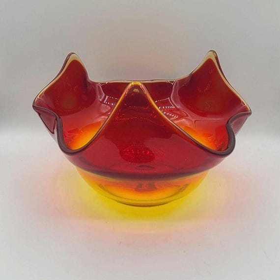 Vintage Amberina Art Glass Bowl | Handblown Artisan Glass | Orange To Red Handkerchief Bowl | Mid Century | Collectible | Home Decor