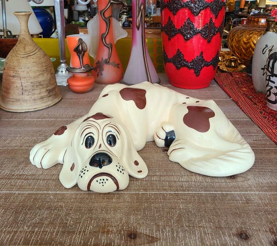 Vintage Large Glazed Ceramic Dog Figurine | Hand Painted Molded Ceramic Sculptural Dog | 1970s | Home Decor