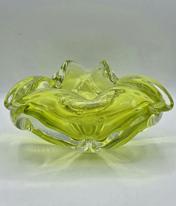Vintage Lime Green Art Glass Ashtray Bowl | 1970s Hand-blown Mid Century Home Decor