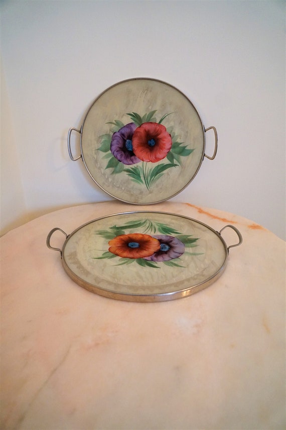 Vintage German Mid Century Modern Serving Trays ~ Set of 2 Reverse Painted Glass Trays With Metal Handles