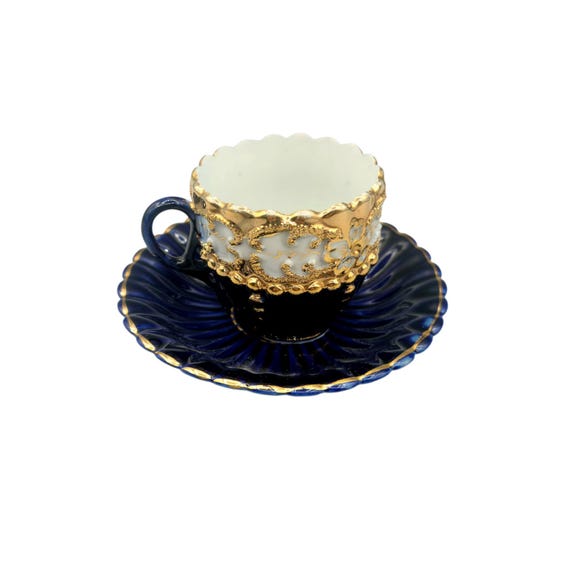 Antique Demitasse Porcelain Cup And Saucer | Cobalt Blue With Gold Gilt | Hand Decorated | Collectible | Drinkware