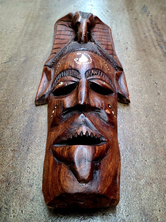 Vintage Senegalese Hand Carved Wood Mask With Bone Inlay And Elephant Head Dress | African Tribal Mask | Hand Crafted | Wall Decor