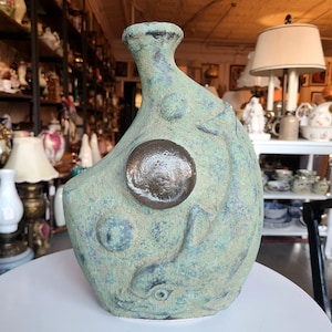 Vintagevas | Cement Studio-keramik med glasinsatser | Fisktema | Handgjord | Samlarkeramik | Heminredning