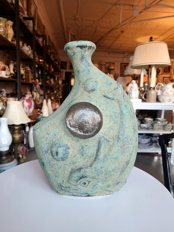 Vintage Vase | Cement Studio Pottery With Glass Inserts | Fish Theme | Hand Crafted | Collectible Pottery | Home Decor