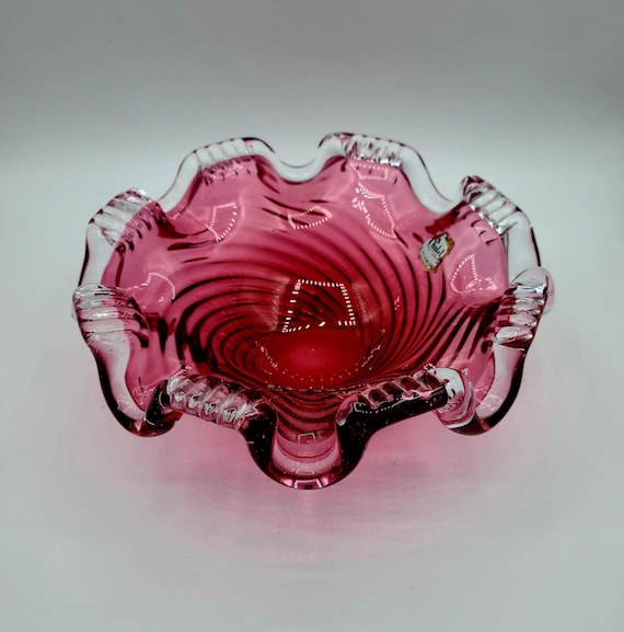Vintage CHALET Canada Art Glass | Cranberry Pink Swirl With Ruffled Edges | Hand Blown Art Glass | Ashtray | Candy Dish | Bowl | Collectible