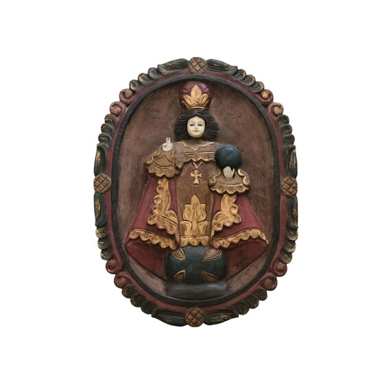 Vintage Santo Nino De Cebu Carved Wood Wall Plaque | Hand Carved Filipino Religious Wall Art | Made In The Philippines