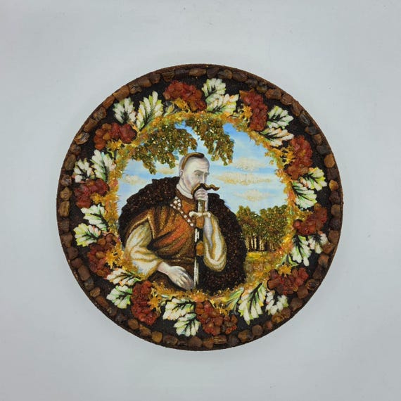 Vintage Ukrainian Ceramic Plate | Hand-Decorated Amber Stones, Cossack Mamay Folk Art
