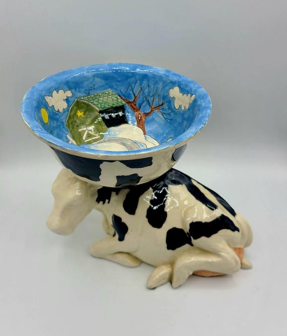 DaNisha Art Pottery | Dan And Nisha Ferguson | Studio Art Pottery | Handcrafted & Handpainted Sculpted Cow Stand And Bowl | Collectible