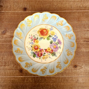 Vintage LIMOGES Pale Blue Ceramic Bowl | Floral Motif | Scalloped Edge with Gold Trim | Hand Decorated | Made in France