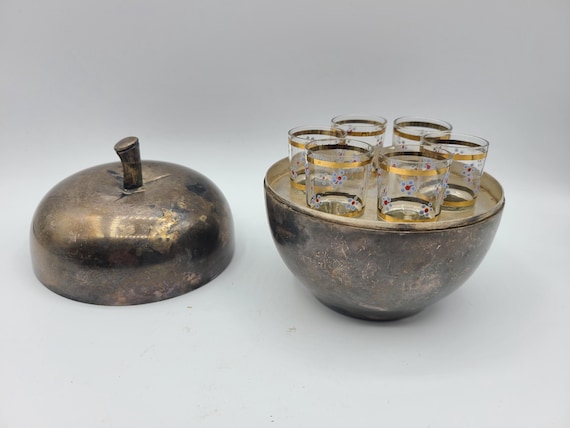 Vintage Silver-Plated Apple Table Bar | 1950s Czech Mini Bar Container With Lid And 6 Small Shot Glasses | MCM Barware | Czechoslovakia
