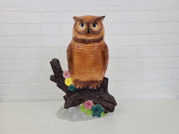 Large Ceramic Owl ~ 1970s Scioto Molds Perched Owl ~ Vintage Ceramic Owl Statue Figurine