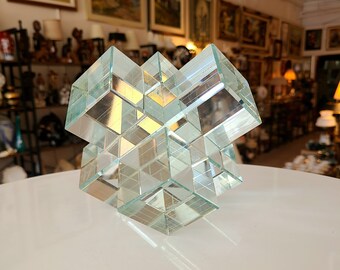 Crystal Art Glass Geometric Sculpture | Hypercube | 1990s Home Decor