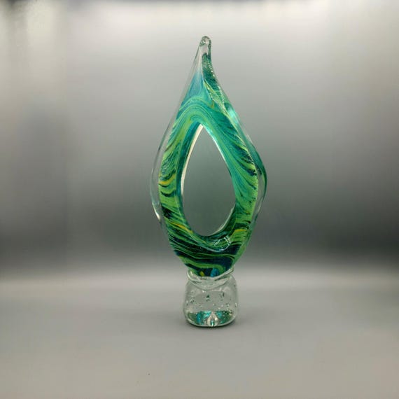 Vintage Art Glass Sculpture | Hand Crafted | Aqua Blue and Green Glass | Free Form | Collectible | Home Decor