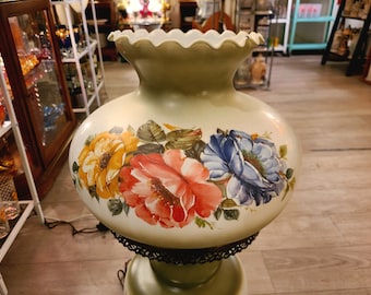 Lámpara de huracán GWTW grande vintage / Motivo floral decorado a mano / Lámpara de tres vías