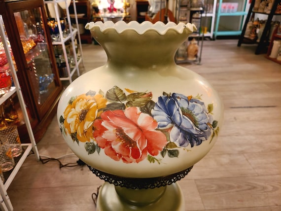 Vintage Large GWTW Hurricane Lamp | Hand Decorated Floral Motif | Three Way Lamp
