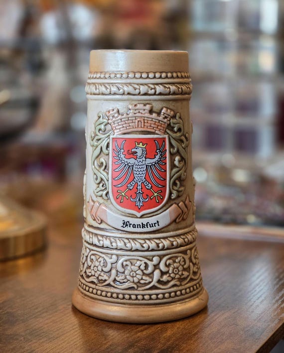 Vintage CERAMARTE Stoneware Beer Stein | Frankfurt German City Crests Barware