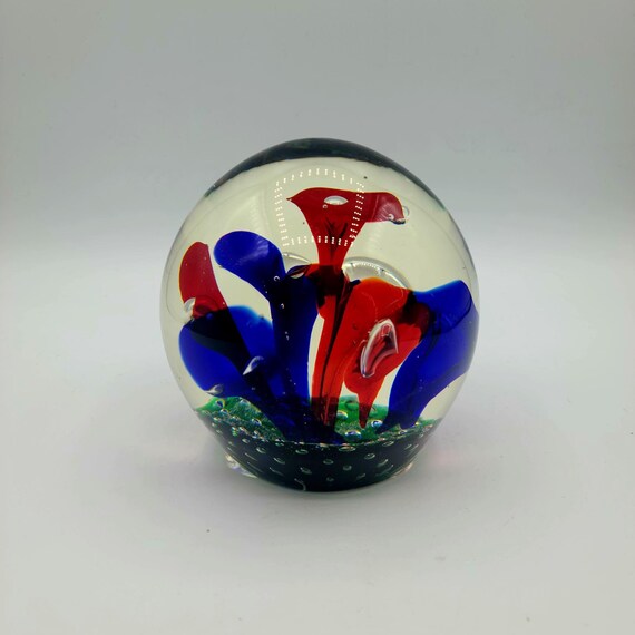 Vintage Art Glass Paperweight | Cobalt Blue And Red Floral Stems Over Green Base | Controlled Bubbles | Handcrafted | Collectible
