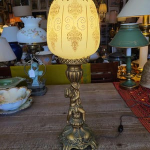 Vintage Cast Metal Cherub Lamp With Satin Glass Shade | Victorian Inspired 1970s Putti Lamp | Hollywood Regency Accent Lamp | Home Decor