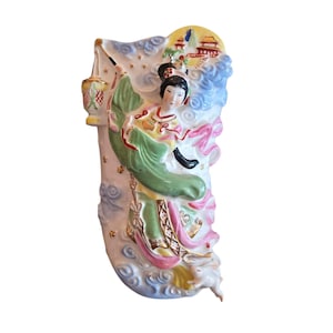 Vintage Porcelain Wall Pocket | Handpainted Ceramic Wall Planter | Chinese Moon Goddess Change And Her Companion Jade Rabbit | Home Accents