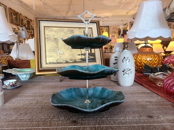 Vintage Blue Mountain Pottery 3 Tier Tray Stand | Mid Century BMP Cake Stand | Jade Green Sandwich Tray | Collectible Canadian Pottery