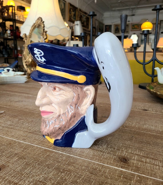 Vintage Hand Painted Ceramic Jug | Moby Dick | Captain Ahab Pitcher With Whale Handle | 1975 | Collectible Home Decor | Pottery