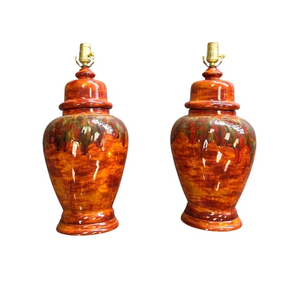 Vintage Ginger Jar Glazed Ceramic Table Lamp Base | 1970s | Orange Green Red Brown Drip Glaze Pottery Lamp | Home Decor | Lighting