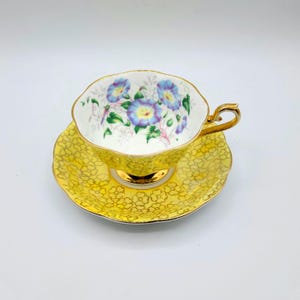 Vintage Royal Albert Porcelain Bone China Teacup And Saucer | Made In England | Gold Trim | Scalloped Rim | Yellow  And Blue Pansy Pattern