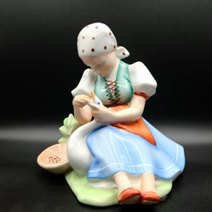 Vintage Zsolnay Pecs Porcelain Figurine | Peasant Girl Feeding The Goose | Designed By Andros Sinko | Made in Hungary | Collectible | 1960s