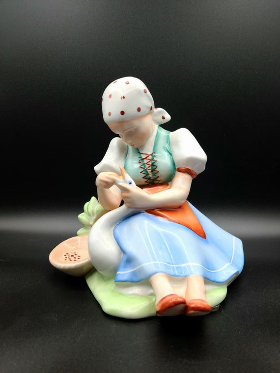 Vintage Zsolnay Pecs Porcelain Figurine | Peasant Girl Feeding The Goose | Designed By Andros Sinko | Made in Hungary | Collectible | 1960s