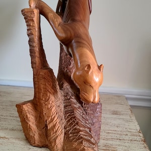 Vintage Hand Carved Wooden Sculpture Of Mountion Lion Hunting | Single Block Handcrafted Wood Carving | Collectible | Home Decor