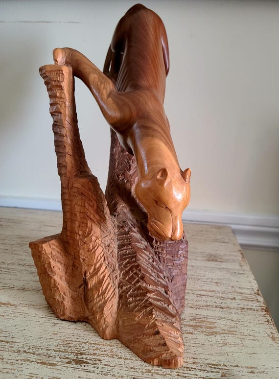Vintage Hand Carved Wooden Sculpture Of Mountion Lion Hunting | Single Block Handcrafted Wood Carving | Collectible | Home Decor