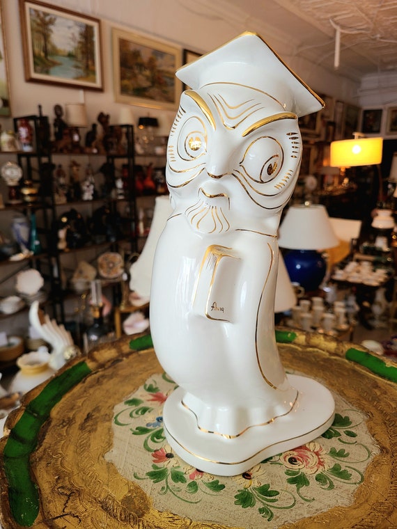 Vintage Large Ceramic Owl Wearing A Graduation Cap And Holding Books Under Its Wing | Made in Italy by AHURA | 1990s Home Decor