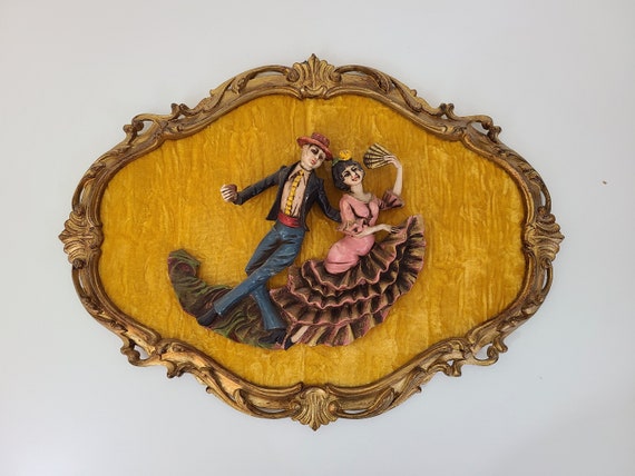 Vintage Italian Wall Hanging ~ Mid Century Wall Plaque ~ Raised 3D Dancing Couple on Velvet Backing ~ 1960s Home Decor
