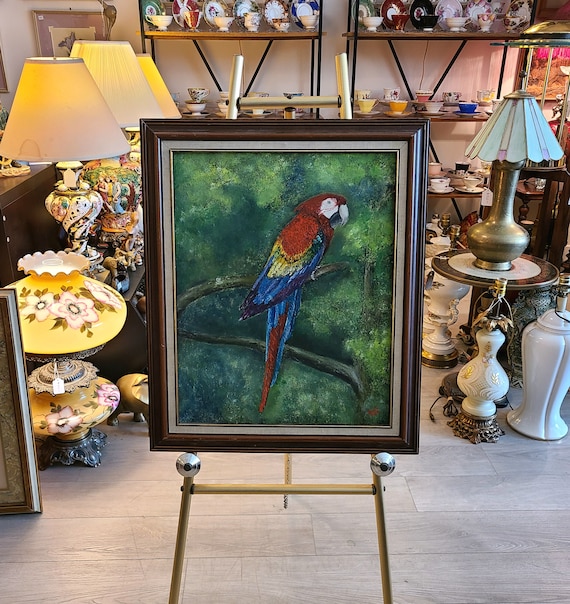 Vintage Framed and Signed Original Oil Painting | Parrot on Branch | Handmade | Collectible Wall Art | Home Decor