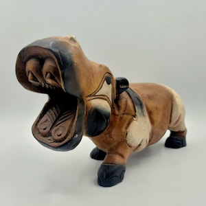 Vintage Hand Carved Wooden Hippopotamus Sculptural Figurine | Detailed Heavy Solid Wood Hippo With Mouth Open | Animals | Home Decor