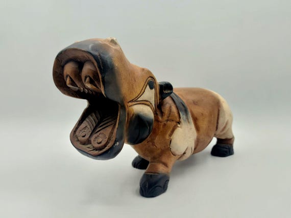 Vintage Hand Carved Wooden Hippopotamus Sculptural Figurine | Detailed Heavy Solid Wood Hippo With Mouth Open | Animals | Home Decor