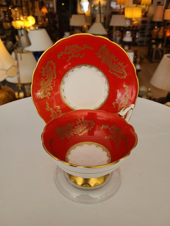 Royal Staffordshire DRAGON Teacup and Saucer | Vibrant Red and Scalloped Edge Gold Trim | Made in England | Bone China Porcelain