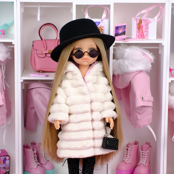 Fashionable milk-colored fur coat and black leather boots for Paola Reina dolls