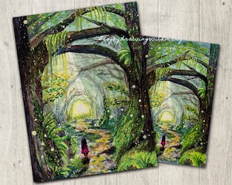 Enchanted Forest, Watercolor Enchanted Forest, Art Print, Girl in the Forest, Watercolor Fantasy, Watercolor Artwork, Fantasy Artwork