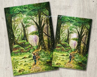 Bosque Encantado, Bosque Encantado de Acuarela, Niño en el Bosque, Grabado de Arte, Fantasía de Acuarela, Arte de Acuarela, Arte de Fantasía