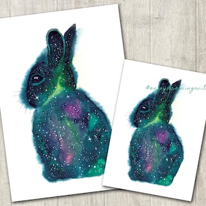 Galaxy Bunny, Watercolor Bunny, Art Print, A4, A5, Cute Bunny, Watercolor Galaxy, Watercolor Artwork, Fantasy Artwork