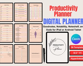May include: A digital productivity planner with various templates for workout, self-challenge, and daily planning. The planner is designed for use on iPad or Android tablets and includes 59 templates. The planner is 8.5 x 11 inches and hyperlinked.