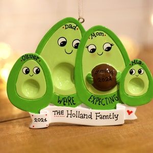 Avocado Family Expecting with 2 Kids Personalized Christmas Ornament, Family of 4 Ornament, We are Expecting, Expecting Baby Ornament.