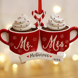 Mr and Mrs Hot Cocoa Personalized Christmas Ornament, First Christmas Married Ornament, Newly Married Couple Ornament, Wedding Ornament.