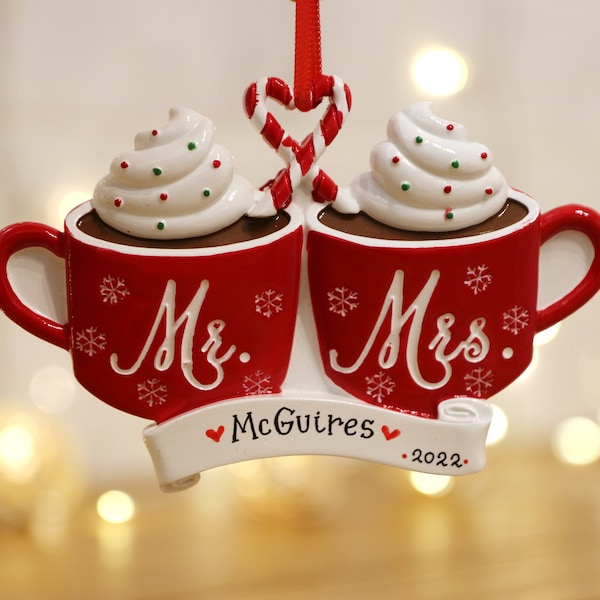 Mr and Mrs Hot Cocoa Personalized Christmas Ornament, First Christmas Married Ornament, Newly Married Couple Ornament, Wedding Ornament.