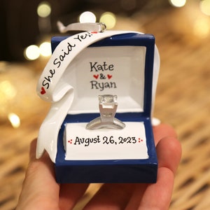 Engagement Ring Personalized Christmas Ornament, Engagement Ornament, We're Engaged, She Said Yes, Ring Box Ornament, Marry Me Ornament. image 1